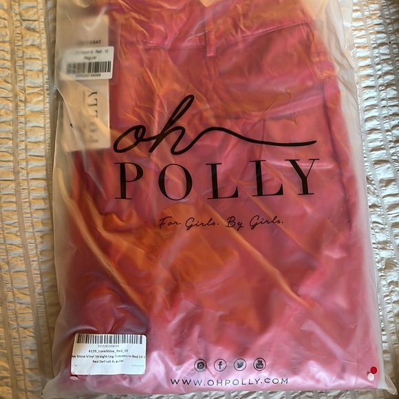 Oh Polly Loveshine Vinyl Red Straight Leg Trousers - Picture 2 of 4